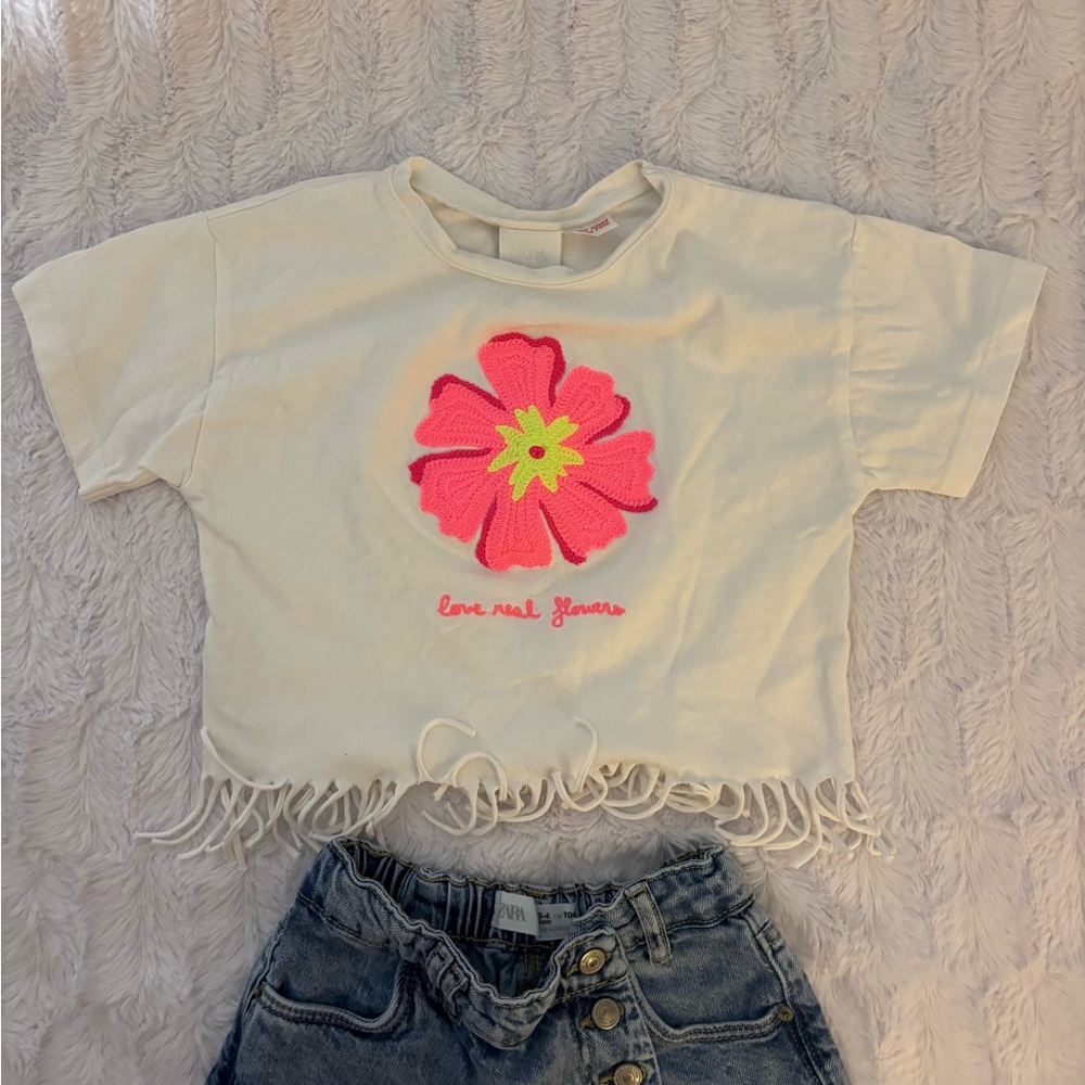 Zara Fringe White Love Real Flowers Embroidered T-shirt